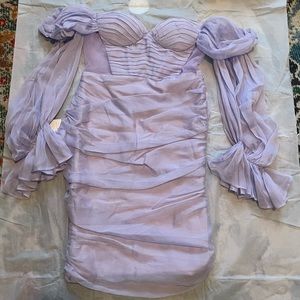 Sirene Lavender Silk Pleated Off Shoulder Balloon Sleeves Dress